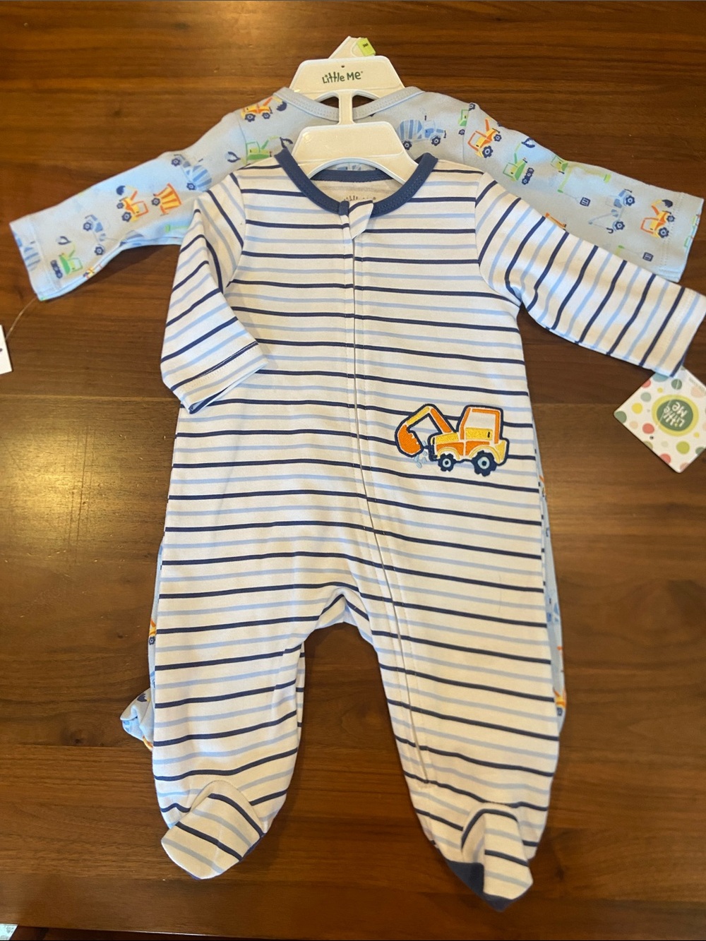 Little Me Navy and White Striped Construction Truck Footie Set